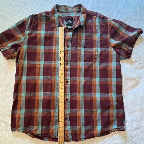 Prana mens Extra Large short sleeve button down shirt plaid orange rust - Picture 3 of 5